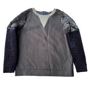 Basic House Sweater Sz M Long Sleeve Pullover Crushed Velvet Faux Fur Blue Grey